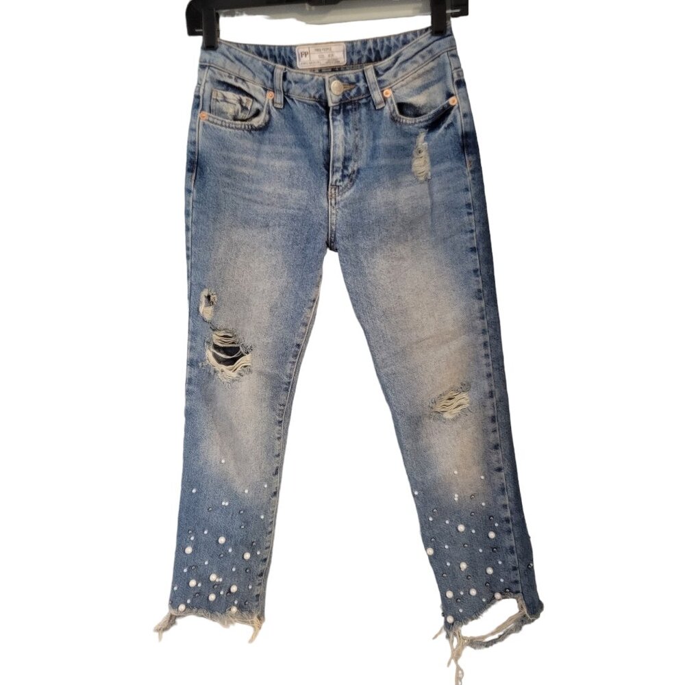 Free People Distressed Pearl Embellished Jeans Size 24